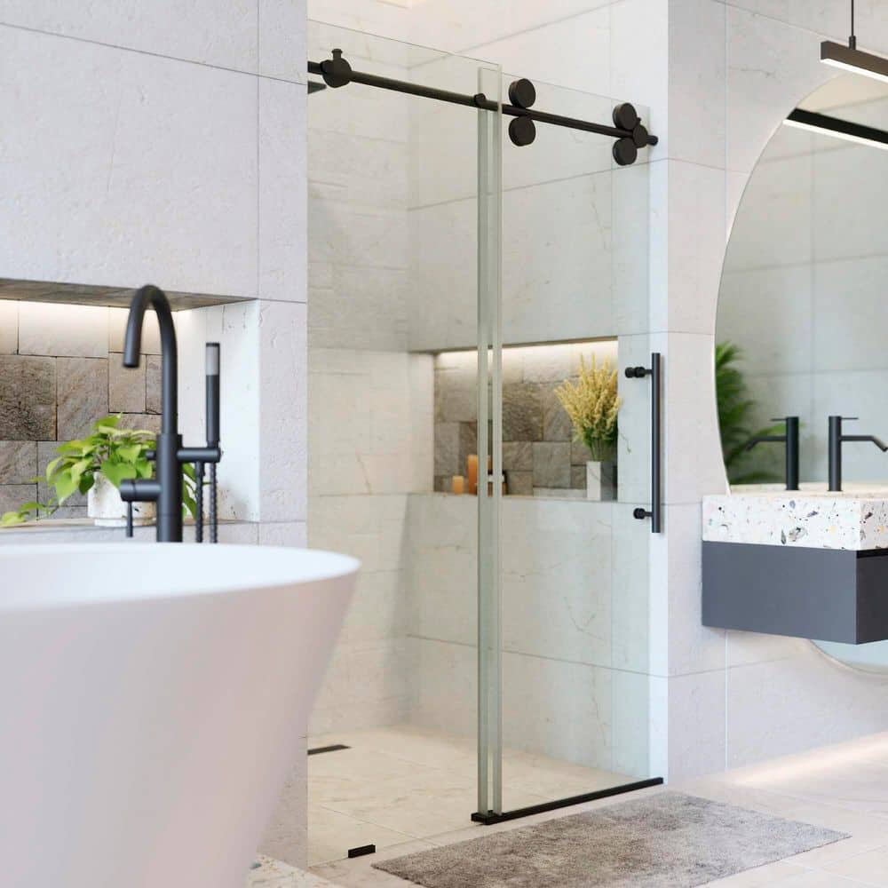 48'' Black Frameless Sliding Shower Door with Tempered Glass