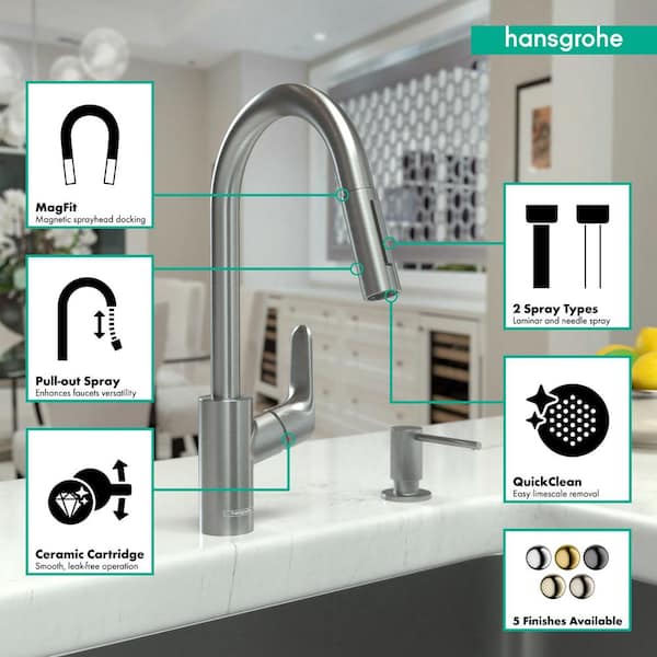 Hansgrohe HG Kitchen Steel Optik 1-Handle Deck-Mount Pull-Out Handle Kitchen Faucet