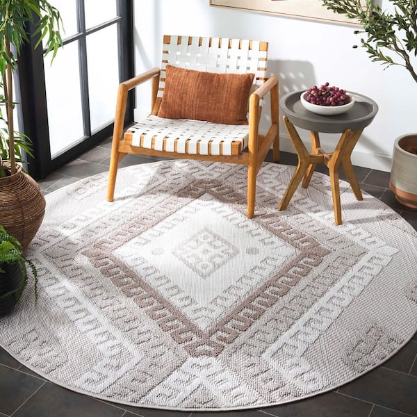 Global Gray/Ivory Taupe 7 ft. x 7 ft. Diamond Geometric High-Low Indoor/Outdoor Round Area Rug