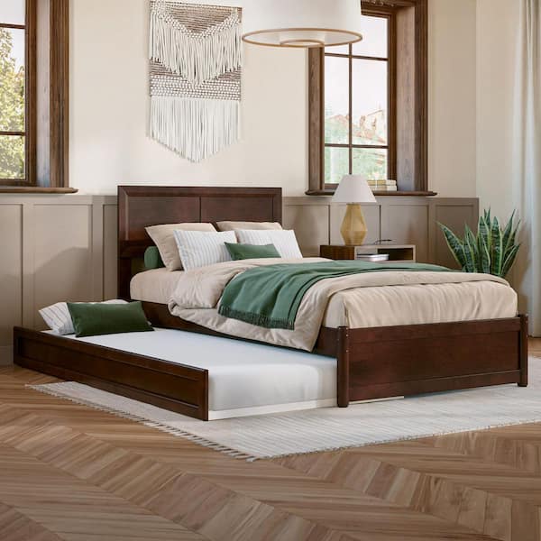 Lylah Walnut Brown Solid Wood Frame Twin XL Platform Bed with Panel Footboard and Twin XL Trundle