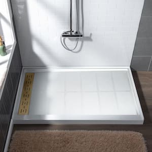 Krasik 48 in. L x 32 in. W Alcove Solid Surface Shower Pan Base with Left Drain in White with Brushed Gold Cover
