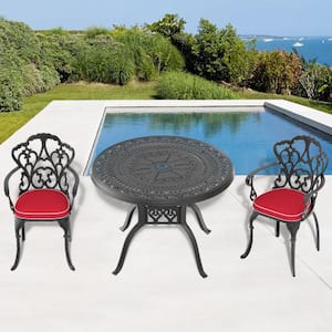 3-Piece Black Cast Aluminum Outdoor Dining Set, Patio Furniture with 39.37 in. Round Table and Random Color Cushions