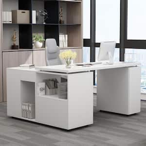 59 in. L-Shaped White Wood Home Office Writing Desk With Reversible Hutch Cabinet, Workstation With Drawers and Shelves