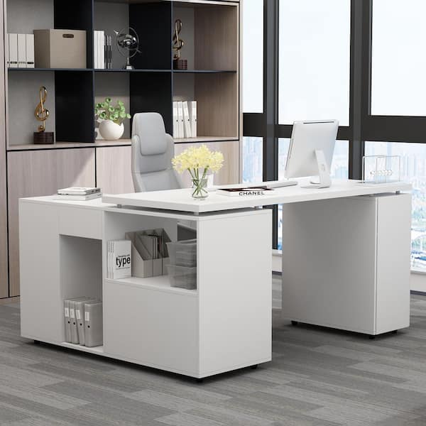 FUFU&GAGA 59 in. L-Shaped White Wood Home Office Writing Desk With Reversible Hutch Cabinet, Workstation With Drawers and Shelves