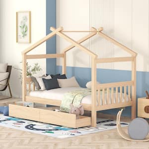 Natural Twin Size Wood House Bed, Kids Bed with 2 Drawers