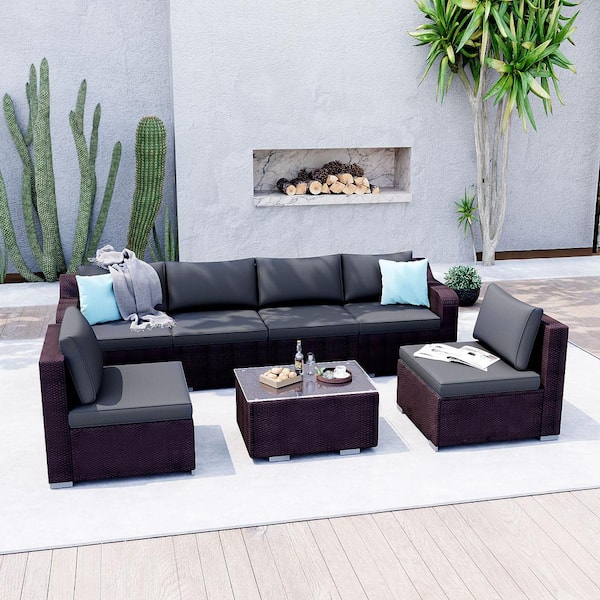 Sudzendf Chocolate Brown 7-Piece Wicker Patio Conversation Set w/Dark Grey Cushions, Glass-Top Coffee Table, 2 Turquoise Pillows
