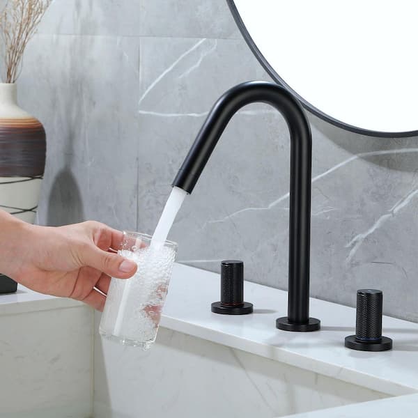 Vara 8 in. Widespread Knob Double-Handle 11 in. H High-Arc Bathroom Sink Faucet in Matte Black