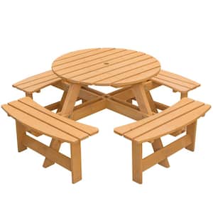 Stained 8-Person Round Wooden Outdoor Patio Garden Picnic Table with Bench