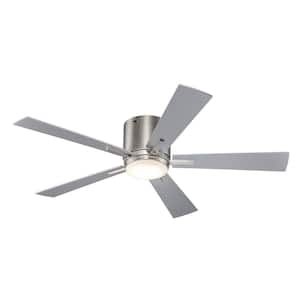 52 in. Indoor Brushed Nickel Integrated LED Modern Flush Mount Ceiling Fan with Light, Wall Control Switch, and 5 Blades