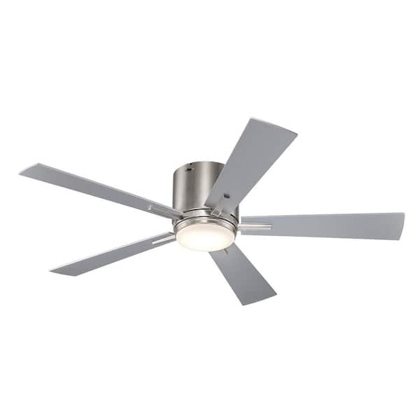 Bel Air Lighting 52 in. Indoor Brushed Nickel Integrated LED Modern Flush Mount Ceiling Fan with Light, Wall Control Switch, and 5 Blades