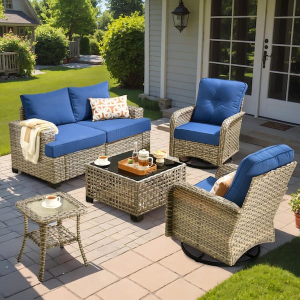 HOOOWOOO Kelleys 6-Piece Wicker Modern Outdoor Patio Conversation Seating Set with Swivel Chairs and Navy Blue Cushions