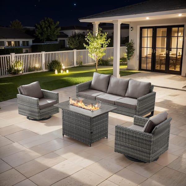 moosprr U-Frame 4-Piece Gray Wicker Fire Pit Conversation Set with Olefin Gray Cushions and Swivel Glider Chairs/Couch