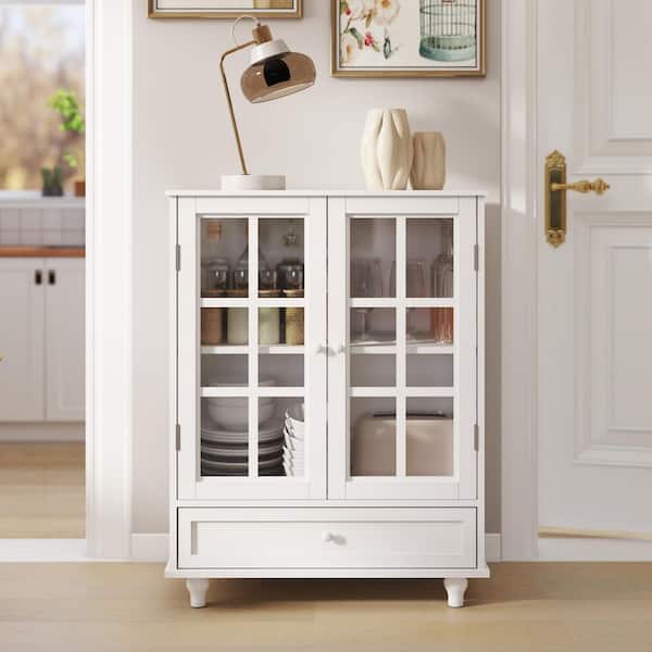 Keene Minimalist White 36.2 in. Accent Buffet Cabinet with Double Glass Doors and Drawer