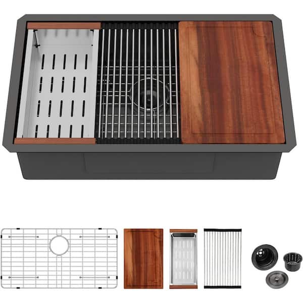 33 in. Undermount Workstation Sink Single Bowl Gunmetal Black Stainless Steel Kitchen Sink