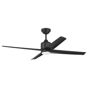 52 in. Flat Black w/ Flat Black Blades Angled Mount Damp Standard Outdoor Ceiling Fan Integrated LED w/ Remote Included