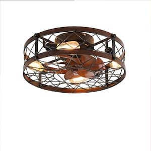 20 in. 4-Light indoor Wood Grain Farmhouse Caged Low Profile Ceiling Fan Flush Mount Remote Control with Bulbs Included