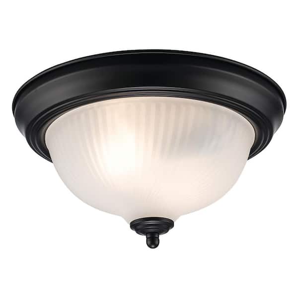 11.25 in. 2-Light Black Flush Mount Ceiling Light Fixture with Frosted Swirl Glass Shade