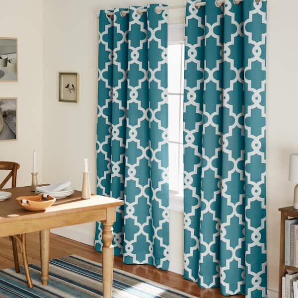 EXCLUSIVE HOME Ironwork Teal Woven Trellis 52 in. W x 96 in. L Noise Cancelling Thermal Grommet Blackout Curtain (Set of 2)