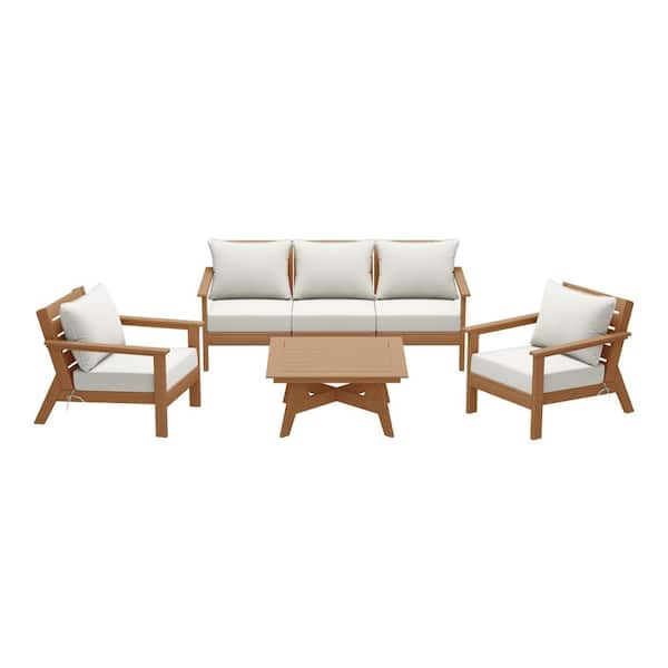 WESTIN OUTDOOR Birchwood Teak Arrangeable 6-Piece Outdoor Patio HDPE Deep Seating Conversation Sofa Set with White Cushions