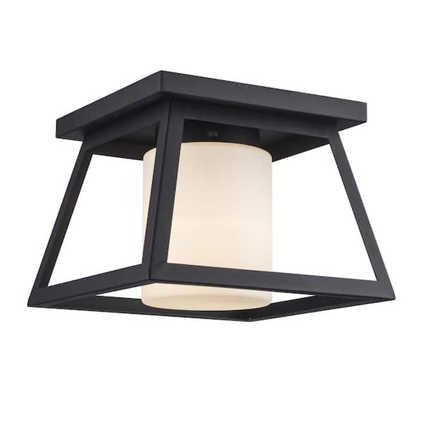 Home Decorators Collection Cardston 1-Light Black Outdoor Flush Mount Ceiling Light Fixture with White Opal Glass