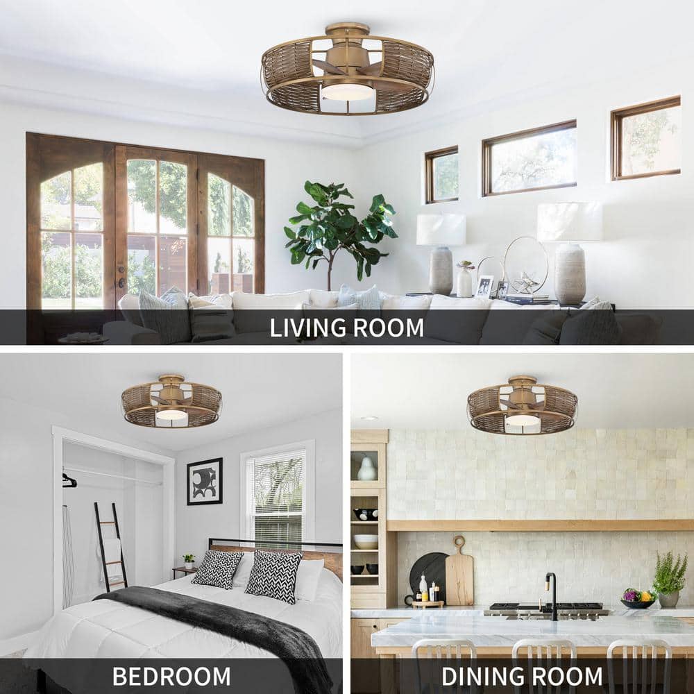 Natural Brass Rattan Flush Mount Ceiling Fan with LED Light and Remote