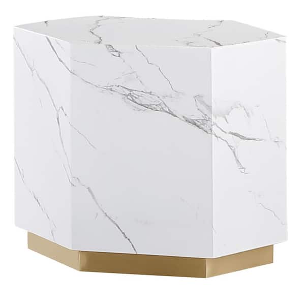 Best Master Furniture Zhuri 23 in. W Hexagon Faux Marble White End Table in Gold