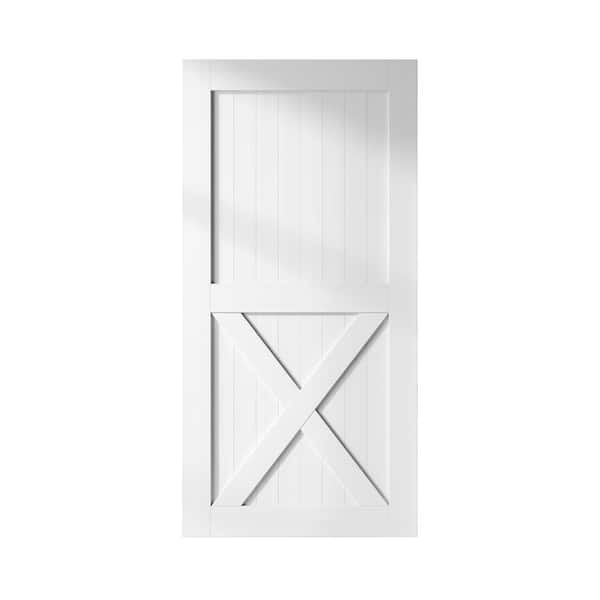 HOMACER 42 in. x 96 in. X-Frame White Solid Natural Pine Wood Panel Interior Sliding Barn Door Slab with Frame