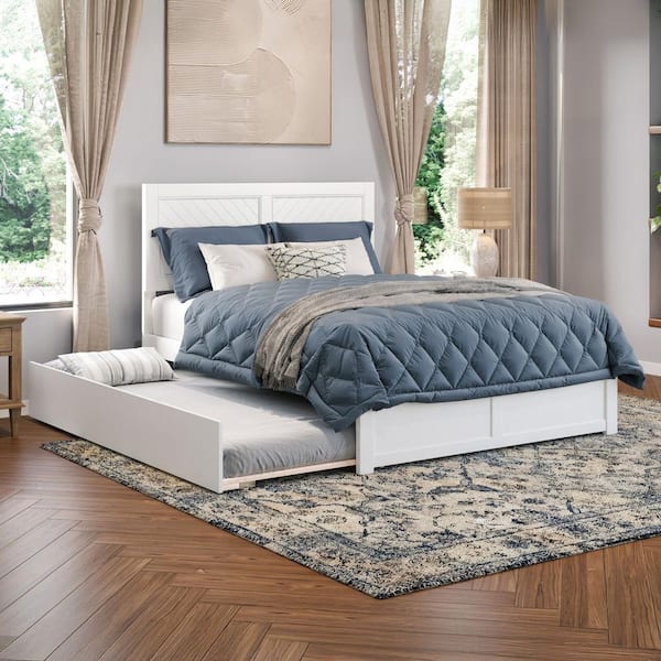 Canyon White Solid Wood Frame Full Platform Bed with Footboard and Twin Trundle