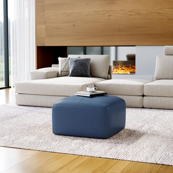 Uixe 22 in. Wide Mid-Century Navy Blue Genuine Leather Square