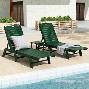 Laguna Dark Green 3-Piece All Weather Fade Proof HDPE Plastic Outdoor Patio Reclining Chaise Lounge Chairs and Table Set