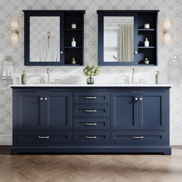 80 in. Freestanding Solid Wood Navy Bath Vanity with White Cultured Marble Top Assembled, Soft-close Door and Drawer