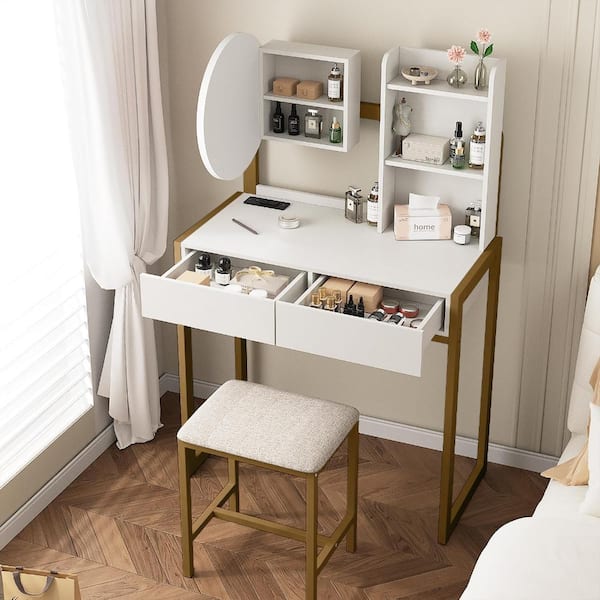 White and Gold Small Vanity Desk with 3-Color LED Mirror Lights