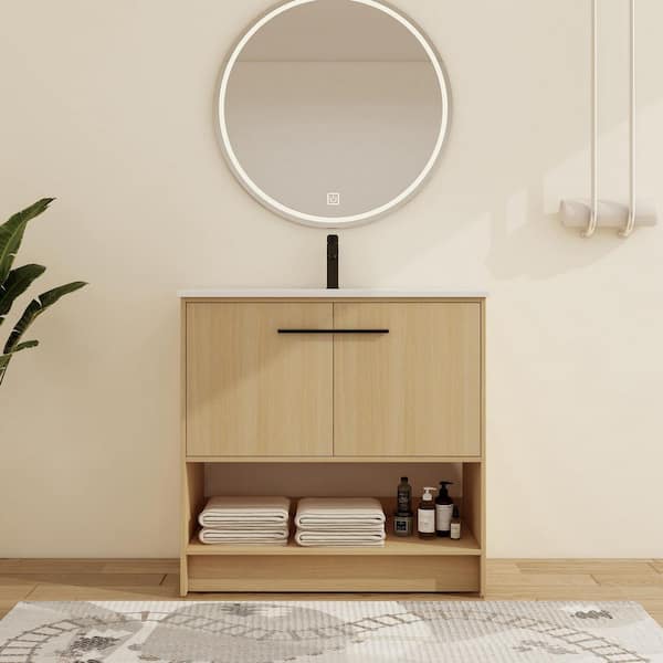 35.88 in. W x 18.31 in. D x 35.38 in. H Freestanding Bath Vanity in Light Oak with White Ceramic Vanity Top