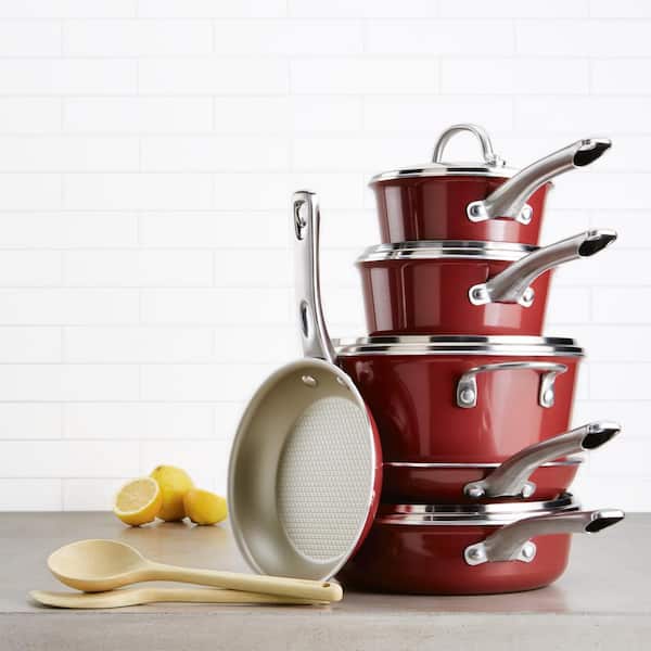 Ayesha Curry 10-Piece Porcelain Enamel Nonstick Pots and Pans Set/Cookware  Set, Sienna Red 