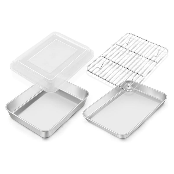 4-Piece Stainless Steel Mini Bakeware Set with Cooling Rack and Visible Lid, Dishwasher Safe, Oven Compatible