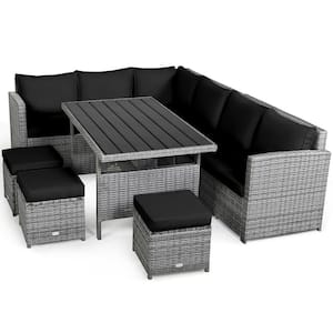 7-Piece Rattan Patio Sectional Corner Sofa Set Conversation Set with Black Cushions
