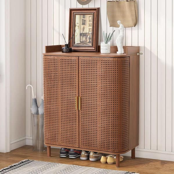 Walnut MDF 39.37 in. H Iron Rattan CurvedSurface Storage Cabinet With 4 Adjustable Shelves