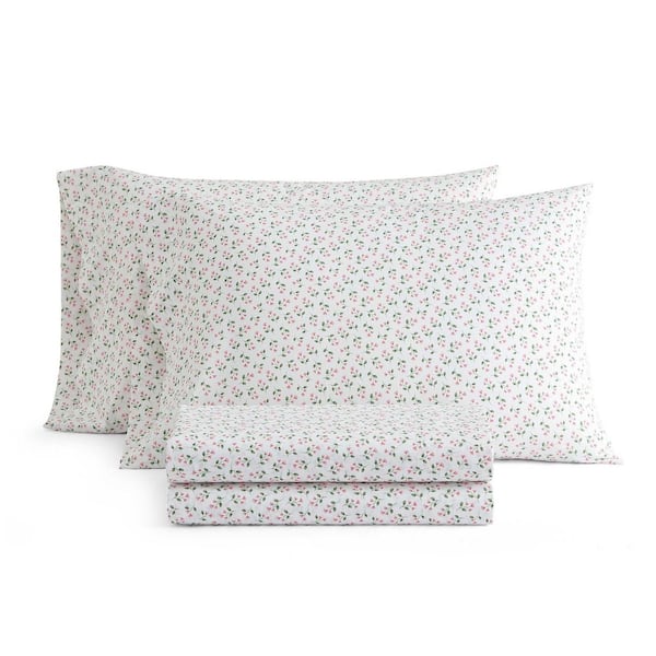 Kennedy Floral 4-Piece White/Poppy Pink Cotton King Sheet Set