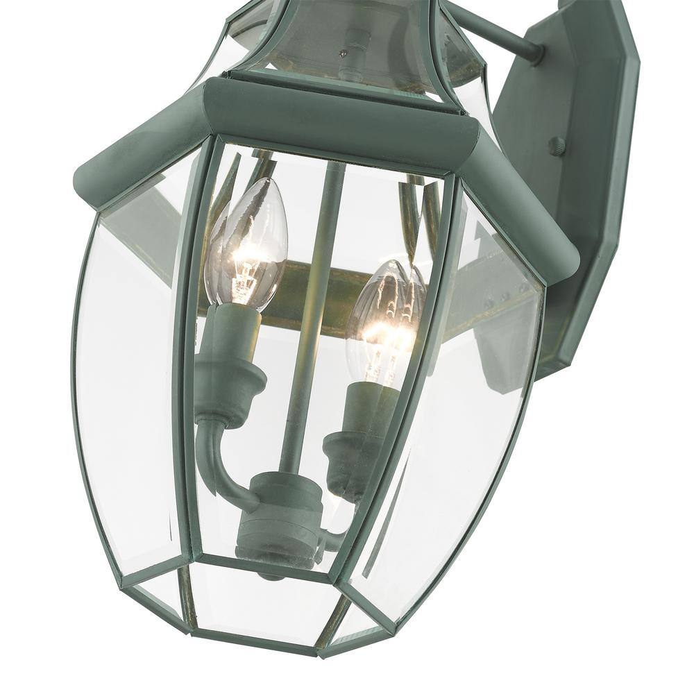 Verdigris Brass Dual-Light Lantern Wall Sconce with Clear Beveled Glass
