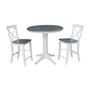 Olivia 3-Piece 36 in. White/Heather Gray Round Solid Wood Counter Height Dining Set with X-Back Stools
