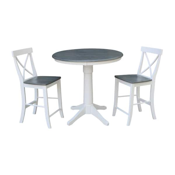 International Concepts Olivia 3-Piece 36 in. White/Heather Gray Round Solid Wood Counter Height Dining Set with X-Back Stools