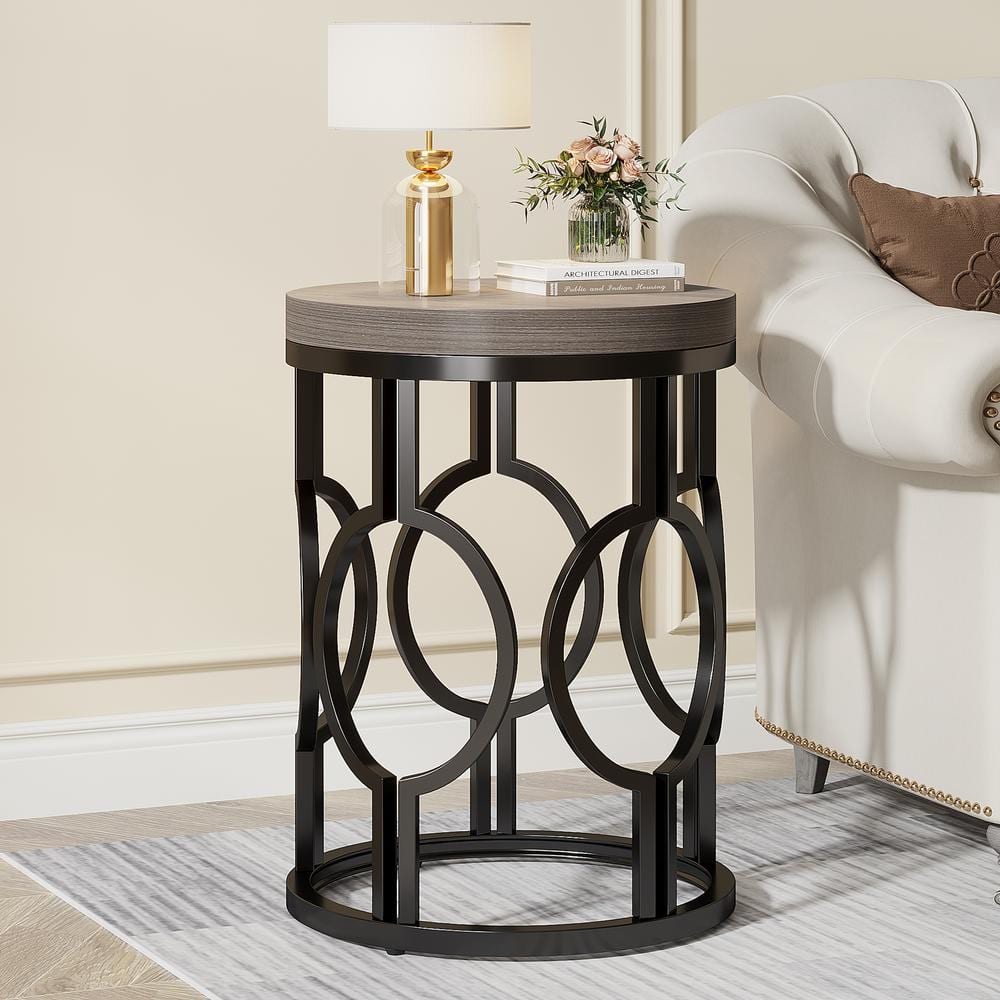 17.72 in. Rustic Brown Round Engineered Wood End Table, Side Table Nightstand with Metal Hollow Frame - thumbnail 2