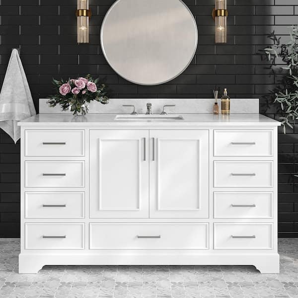 ARIEL Stafford 61 in. W x 22 in. D x 35.25 in. H Single Sink Freestanding Bath Vanity in White with Carrara White Marble Top