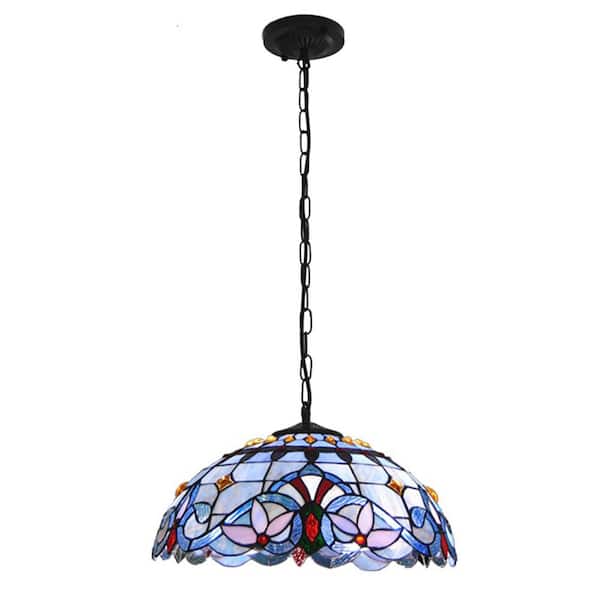 OUKANING 2-Light Multi-colored Retro Island Adjustable Height Pendant Light with Stained Glass Shade