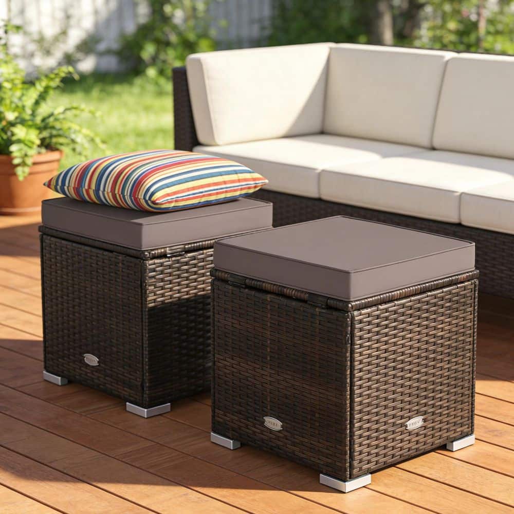 2-Pieces Brown Wicker Outdoor Ottoman with Gray Cushion