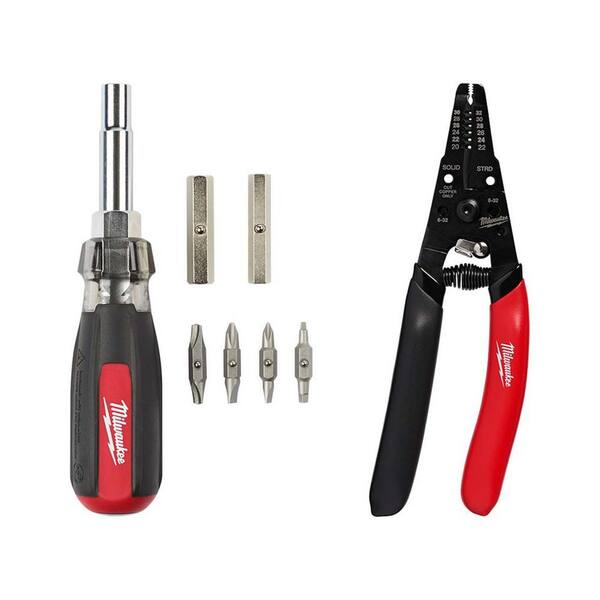 Milwaukee 13-in-1 Multi-Tip Cushion Grip Screwdriver with 20-32 AWG Low Voltage Dipped Grip Wire Stripper and Cutter (2-Piece)