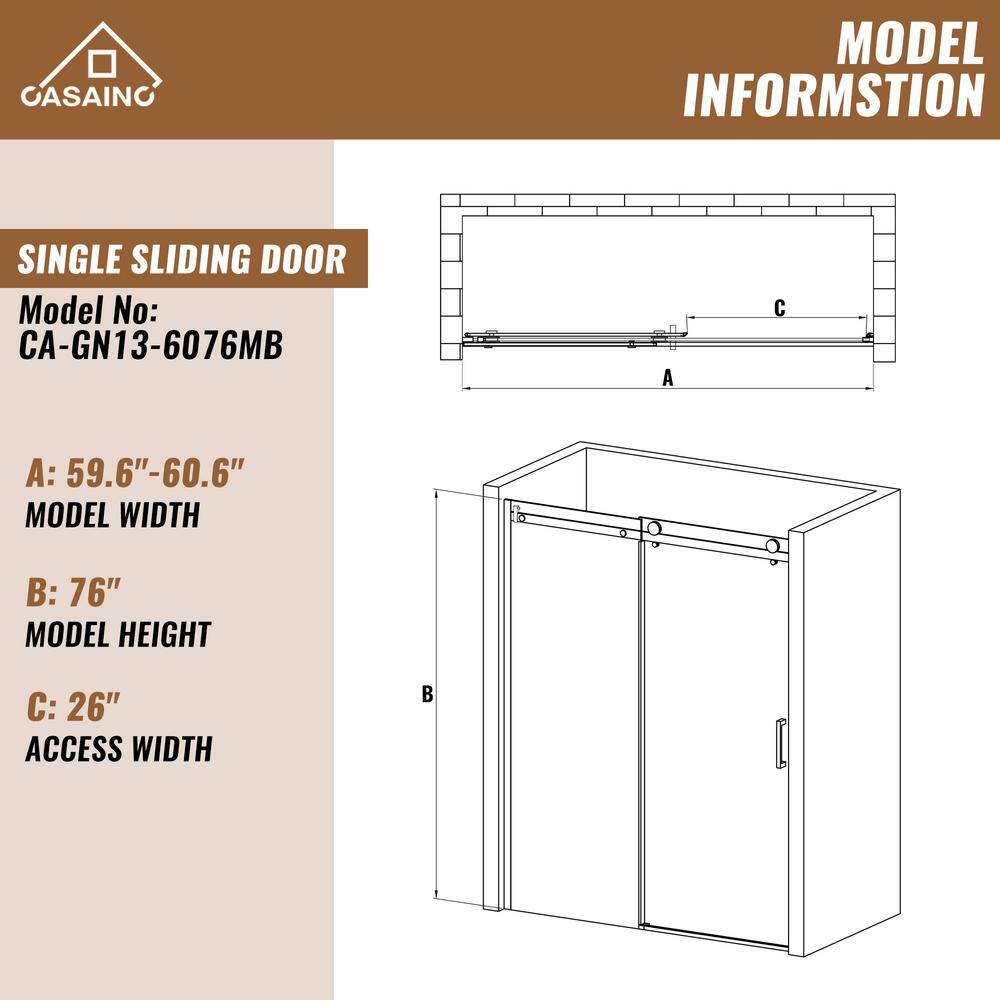 60'' Matte Black Frameless Sliding Shower Door with Clear Glass
