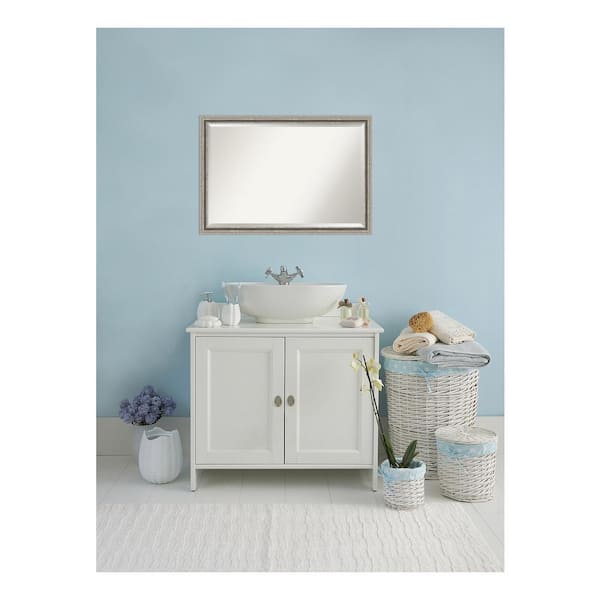 Amanti Art Bel Volto Silver 39 in. x 27 in. Beveled Rectangle Wood Framed Bathroom Wall Mirror in Silver