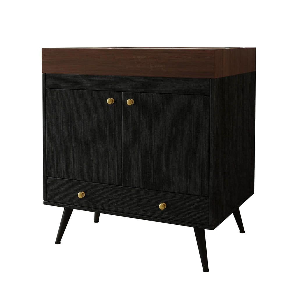30 in. Freestanding Black Bath Vanity with Walnut Culture Marble Top and White Ceramic Sink