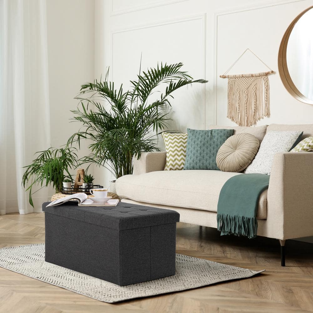 Charcoal Gray Tufted Storage Bench Ottoman with Cushioned Lid